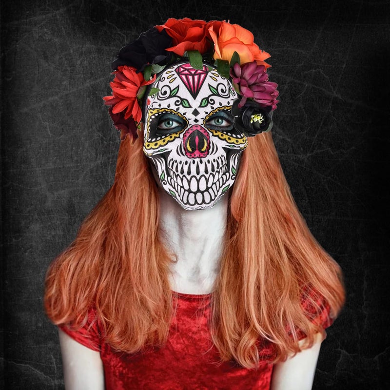 June Bloomy Day of the Dead Headpiece Halloween Costume Headpiece Mexican Floral Crown Rose Headband (Black Red Orange) - Image 4
